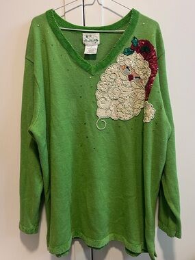 VTG Quacker Factory Green Sequin Santa Christmas Sweater Plus Size 2X Holiday